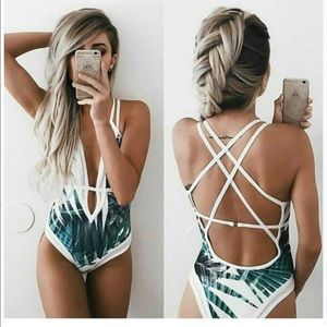 Tropical palm white & green one piece bathing suit